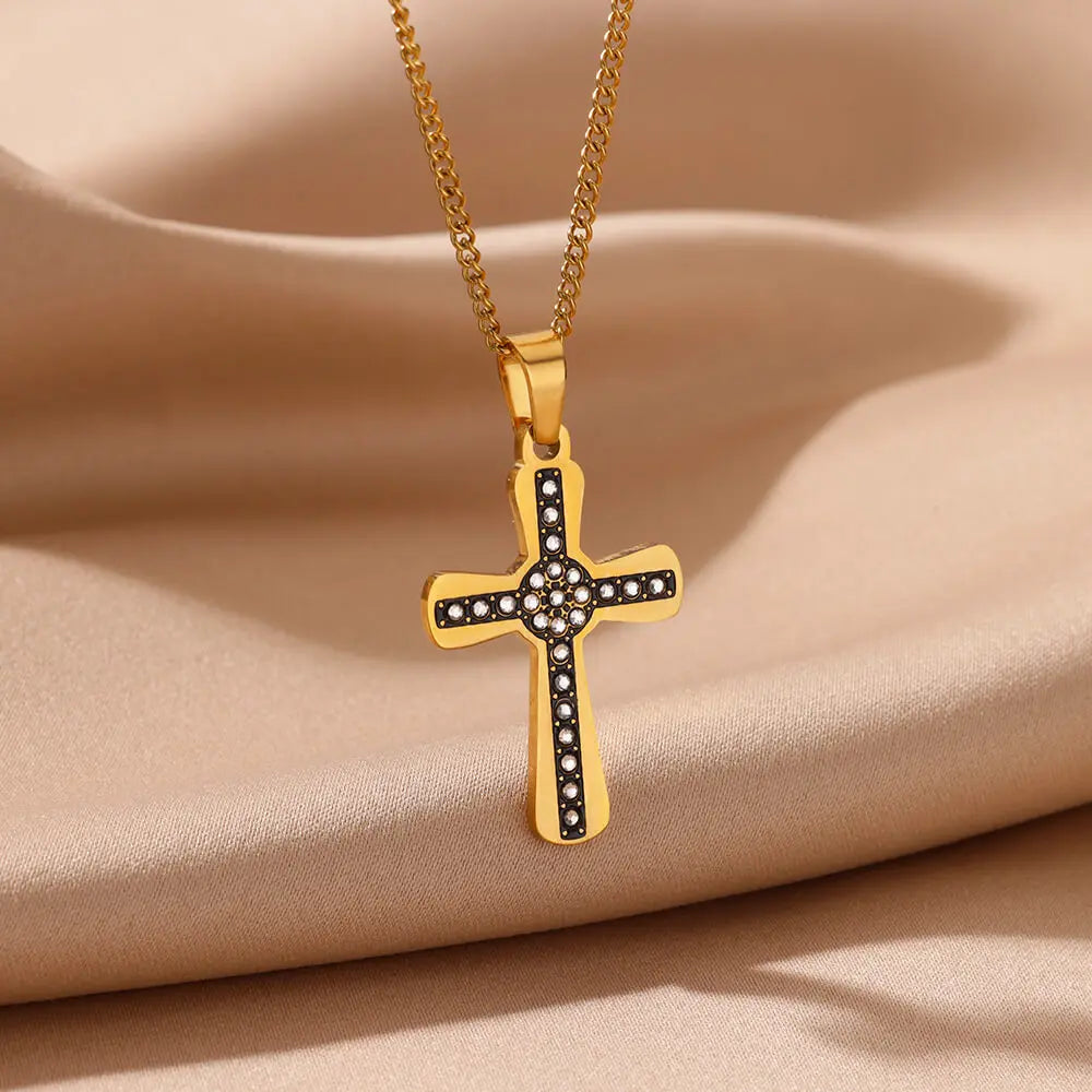 Fashion Zircon Black Cross Necklaces For Women Gold Color Stainless Steel Cross Necklace Party Aesthetic Jewelry Femme Gift