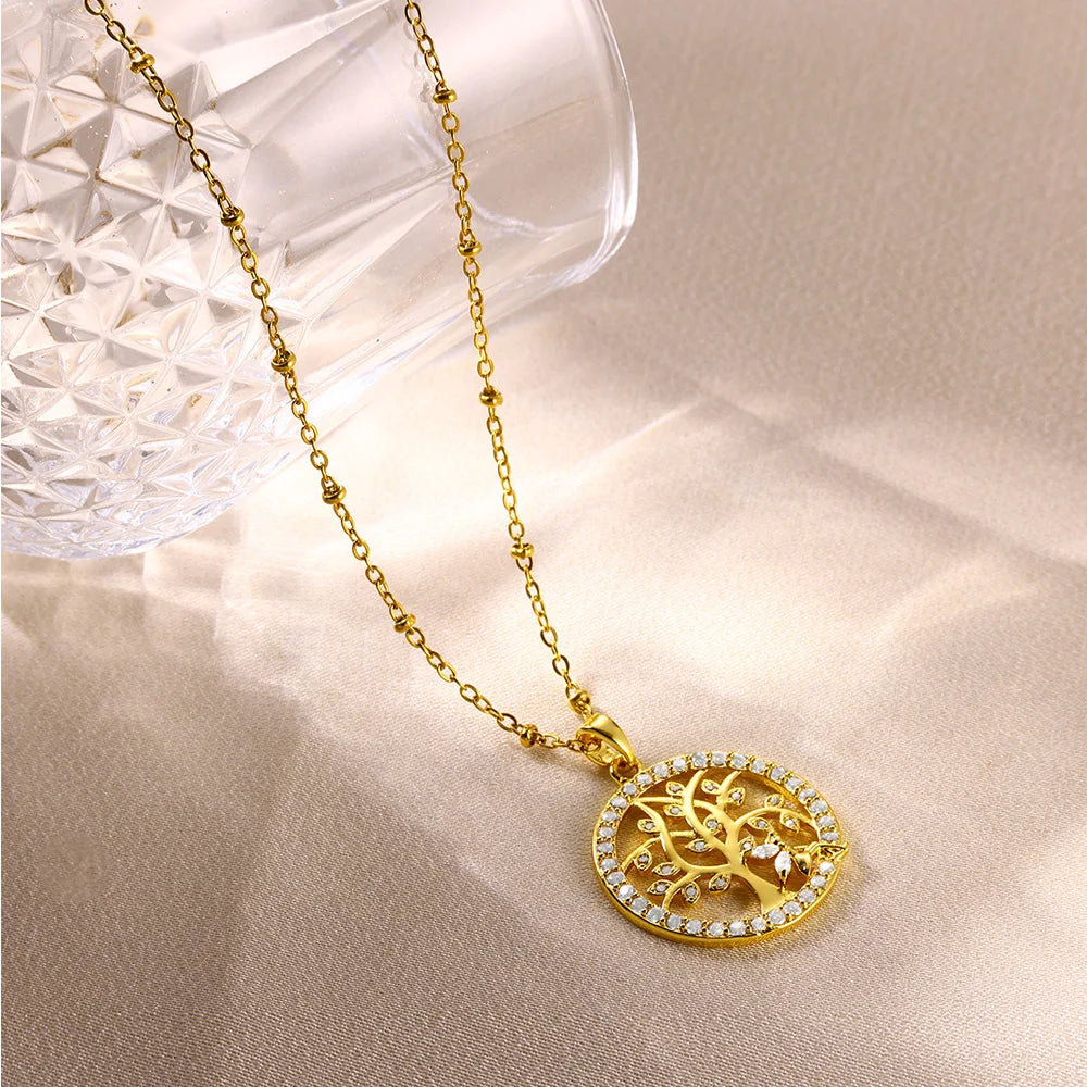Zircon Tree Round Pendant Stainless Steel Necklaces for Women Gold Color Aesthetic Wedding Necklace Trendy Christmas Gift BFF