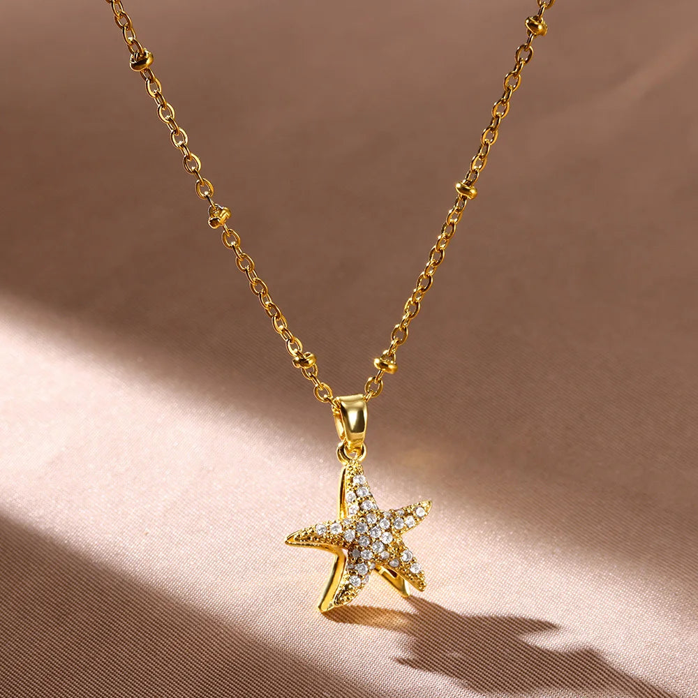 Zircon Starfish Necklace For Women Gold Color Imitation Pearl Star Pendant Necklaces Fashion Wedding Christmas Jewelry Gift