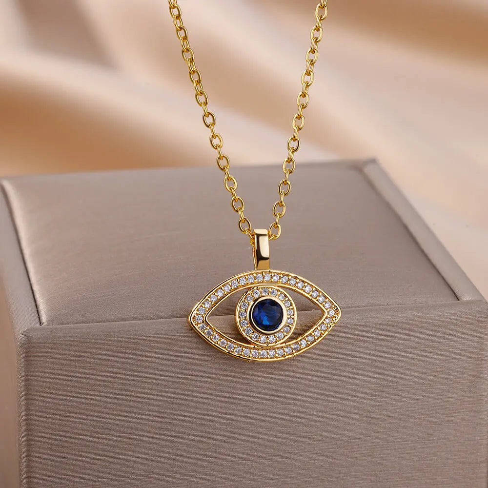 Zircon Evil Eye Pendant Necklaces For Women Stainless Steel Gold Color Necklace 2024 Trend Aesthetic Lucky Turkish Jewerly Gift