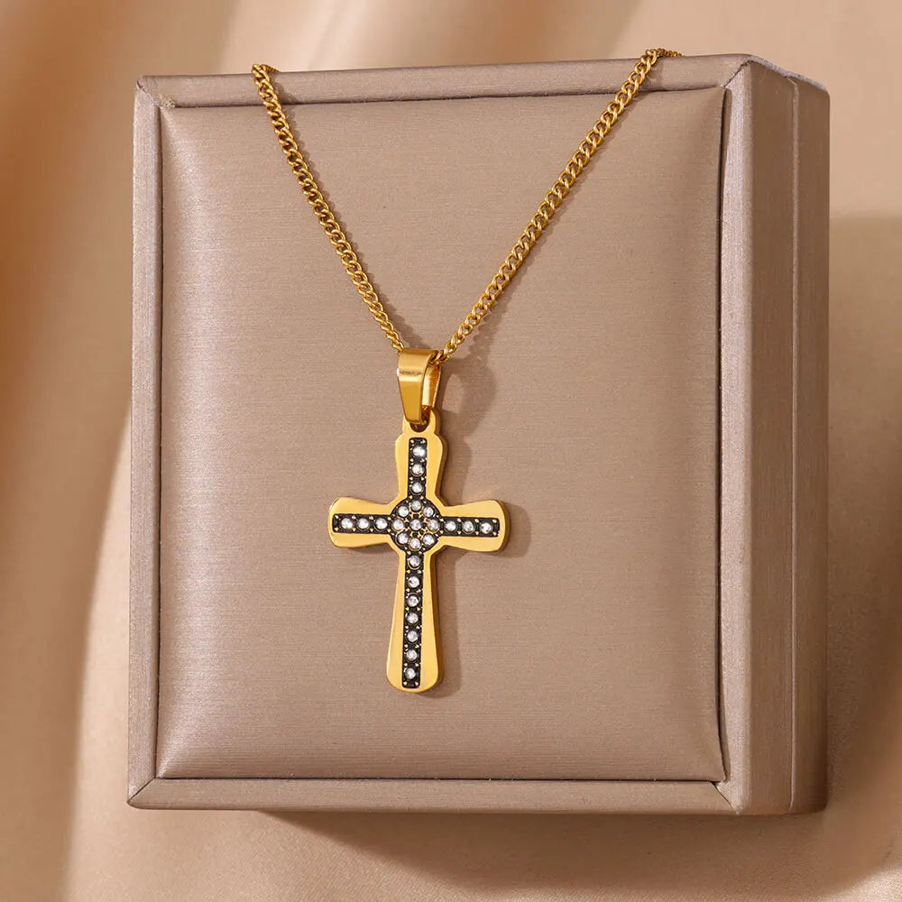 Fashion Zircon Black Cross Necklaces For Women Gold Color Stainless Steel Cross Necklace Party Aesthetic Jewelry Femme Gift