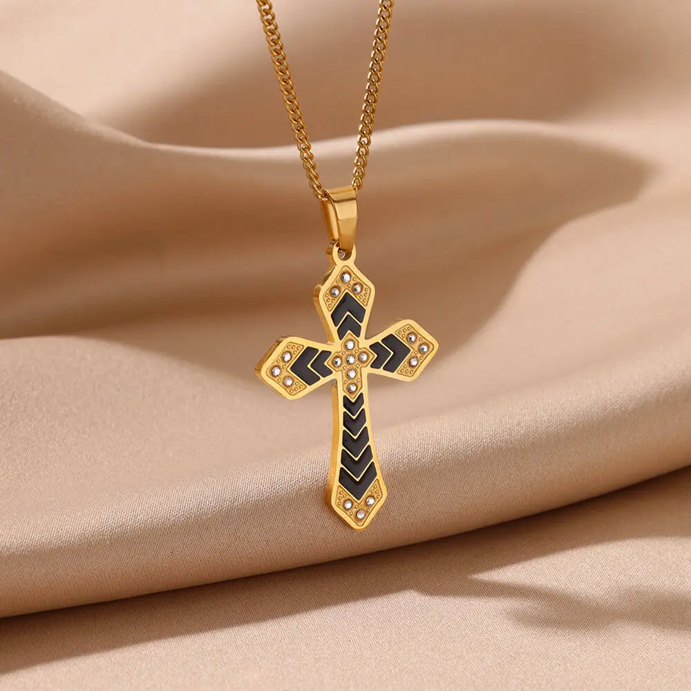 Fashion Zircon Stainless Steel Black Cross Necklaces For Women Gold Color Cross Necklace Party Aesthetic Jewelry Femme Gift 2024
