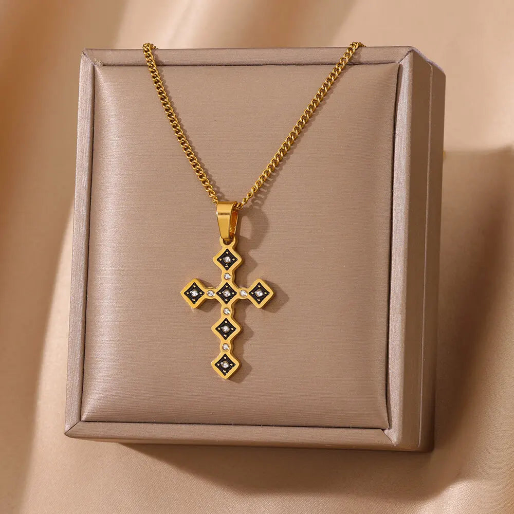 Stainless Steel Black Cross Pendant Necklaces For Women Gold Color Cross Necklace Aesthetic Jewelry Accessories Gift BFF