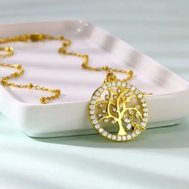 Zircon Tree Round Pendant Stainless Steel Necklaces for Women Gold Color Aesthetic Wedding Necklace Trendy Christmas Gift BFF