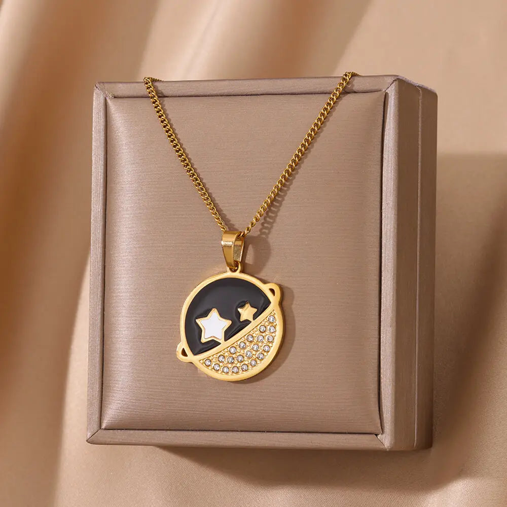 Zircon Black Planet Necklaces For Women Gold Color Stainless Steel Planet Pendant Necklace Aesthetic Weeding Jewelry Gift