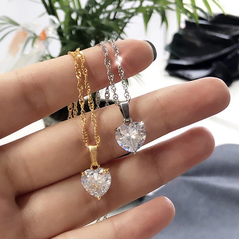 Bule Heart Necklaces For Women Stainless Steel Gold Color Chain Zircon Heart Choker Necklace Wedding Boho Jewelry Gift Femme