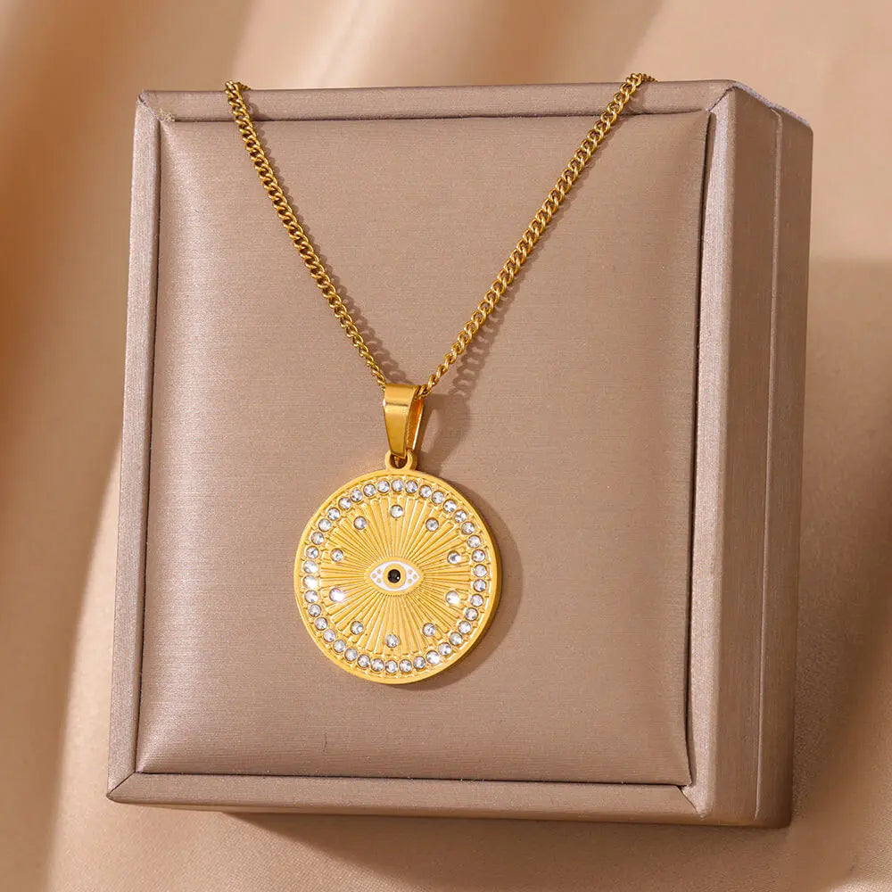 Zircon Round Evil Eye Necklaces For Women Gold Color Stainless Steel Geometric Pendant Choker Wedding Fashion Jewelry Gift BFF