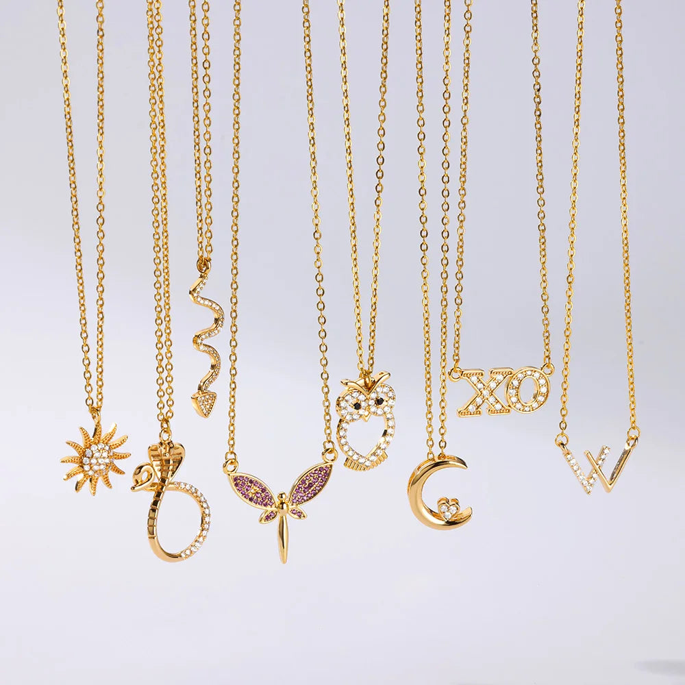 Zircon Sun Moon Necklaces For Women Stainless Steel Gold Color Snake Butterfly Pendant Necklace Aesthetic Luxury Jewelry Gift