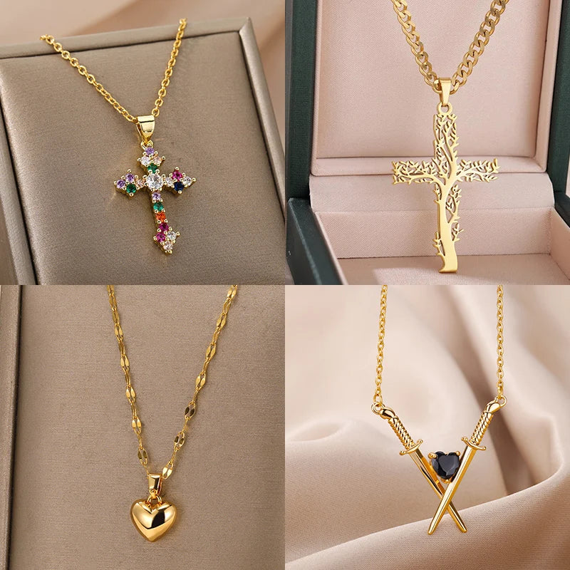 Crossed Swords & Onyx Heart Necklaces For Women Stainless Steel Crossed Swords Necklace Wedding Aesthetic Jewelry Gift 2023
