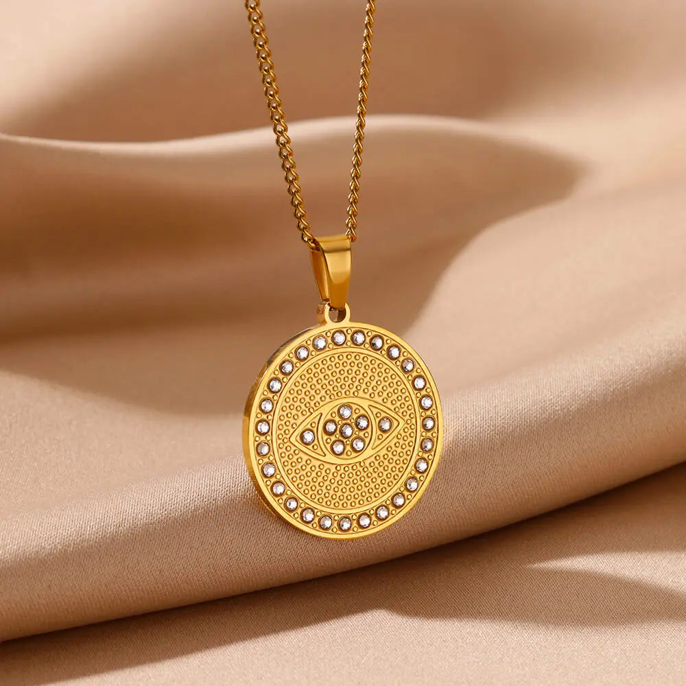 Zircon Evil Eye Pendant Necklaces For Women Gold Color Stainless Steel Round Evil Eye Necklace Wedding Fashion Jewelry Gift BFF
