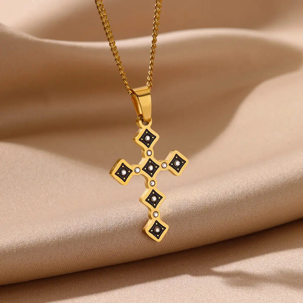 Stainless Steel Black Cross Pendant Necklaces For Women Gold Color Cross Necklace Aesthetic Jewelry Accessories Gift BFF