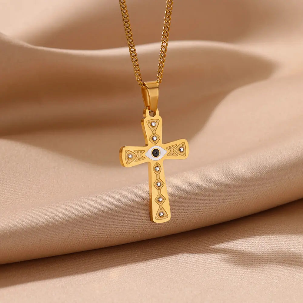 Zircon Cross Geometric Necklaces For Women Gold Color Stainless Steel Cross Necklace Femme Aesthetic Weeding Jewelry Gift BFF