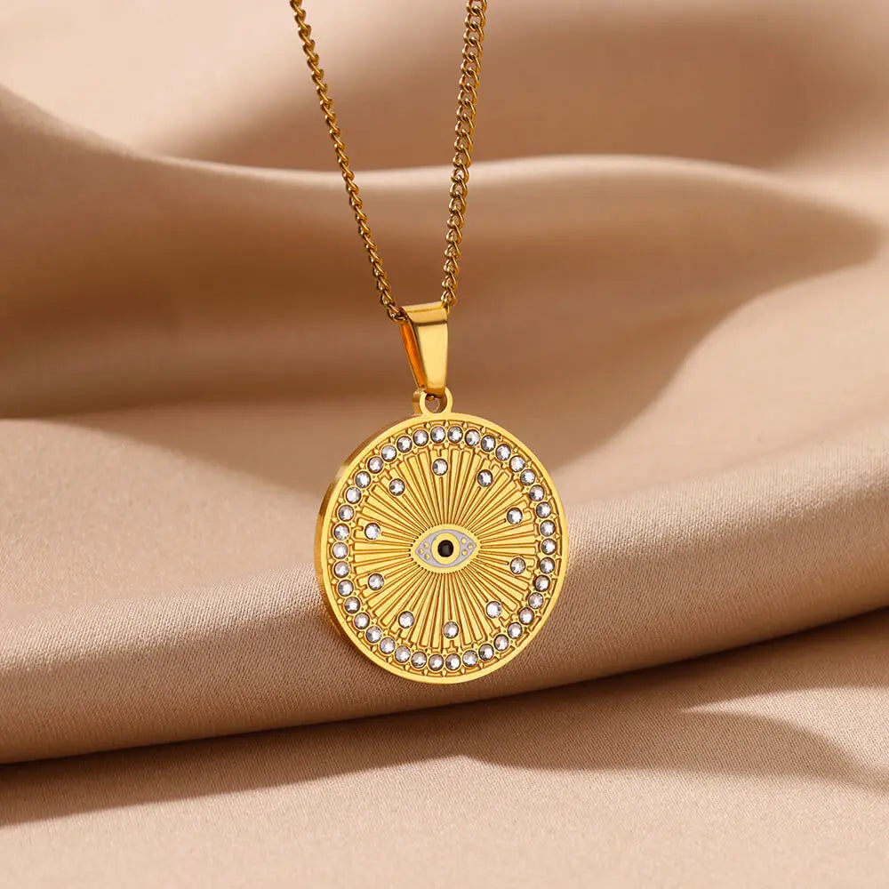 Zircon Round Evil Eye Necklaces For Women Gold Color Stainless Steel Geometric Pendant Choker Wedding Fashion Jewelry Gift BFF