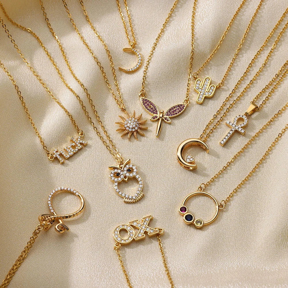 Zircon Sun Moon Necklaces For Women Stainless Steel Gold Color Snake Butterfly Pendant Necklace Aesthetic Luxury Jewelry Gift