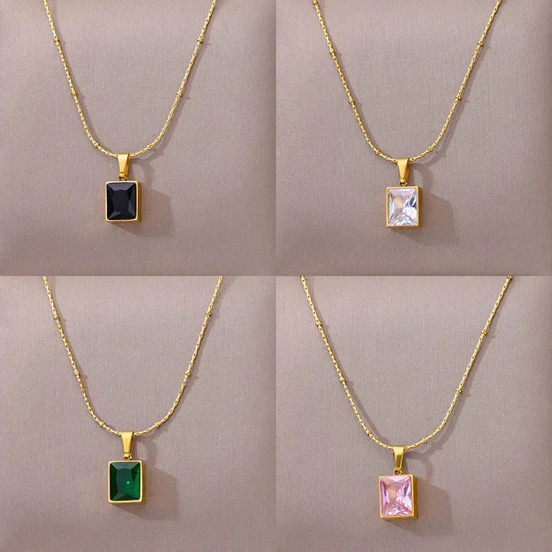 Green Square Zircon Necklace For Women Gold Color Stainless Steel Necklaces 2025 Trending Female Wedding Fashion Jewelry Gift