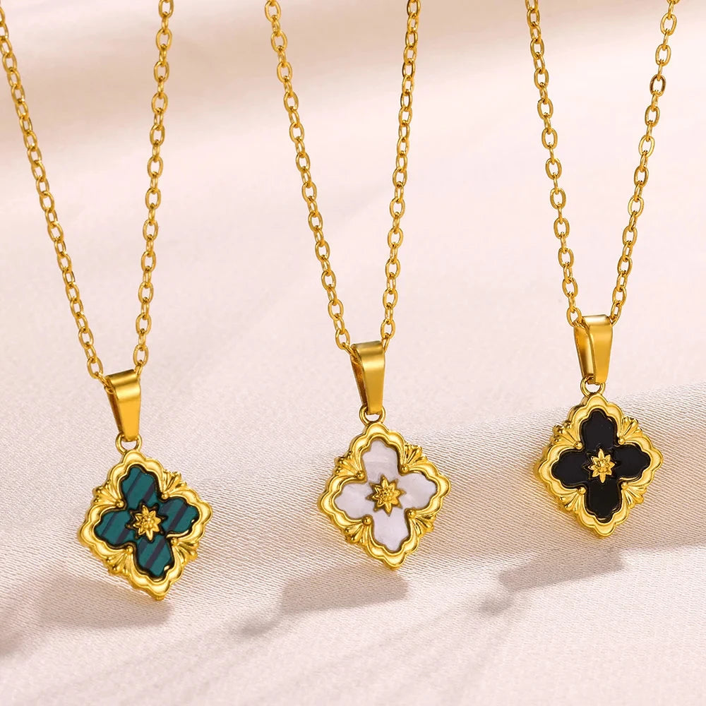 Luck Clover Pendant Necklaces For Women Gold Color Chain Stainless Steel Square Moon CrossNecklace Christmas Jewelry Gift