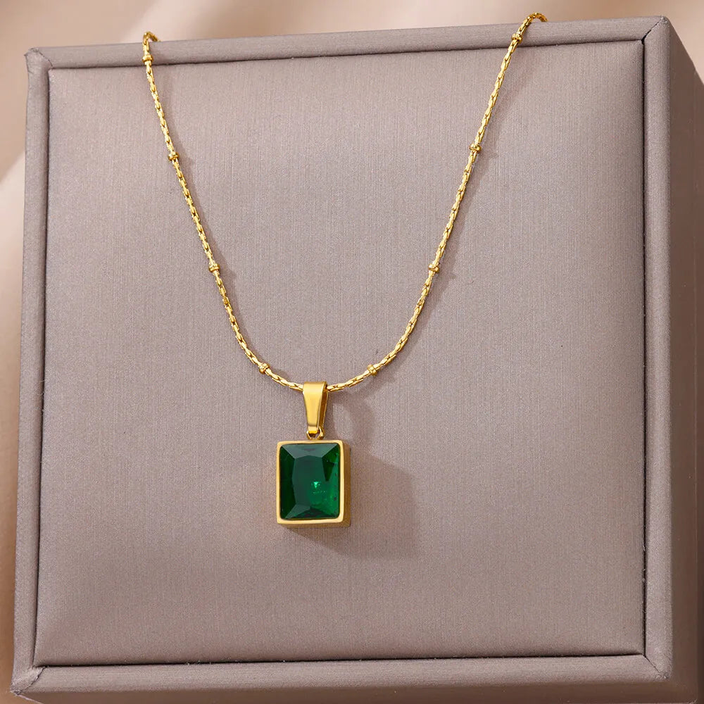 Green Square Zircon Necklace For Women Gold Color Stainless Steel Necklaces 2025 Trending Female Wedding Fashion Jewelry Gift