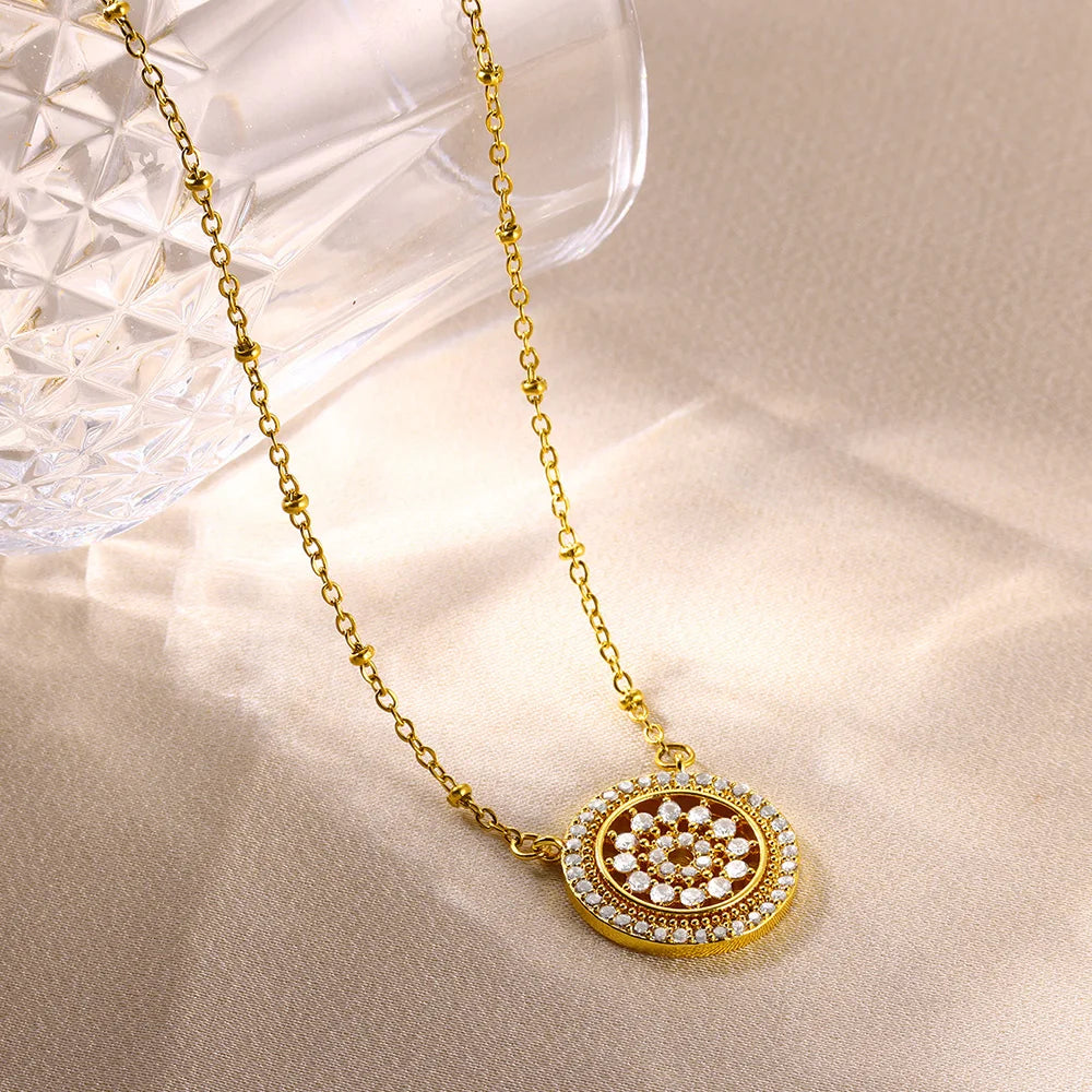 Stainless Steel Zircon Flower Round Pendant Necklaces for Women Gold Color Aesthetic Wedding Necklace Trendy Christmas Gift BFF