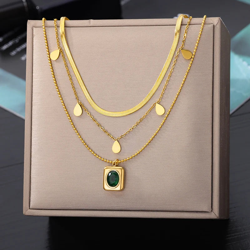 Multilayer Square Pendant Necklaces For Women Stainless Steel Geometry Gold Plated Chain Waterdrop Necklace Wedding Jewelry Gift
