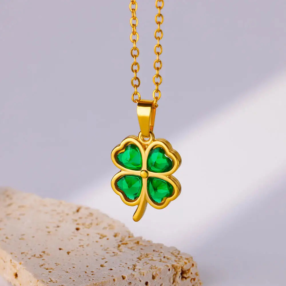 Green Four Leaf Clover Zircon Necklaces For Women Stainless Steel Gold Color Four Leaf Pendant Necklace Weeding Jewelry Gift