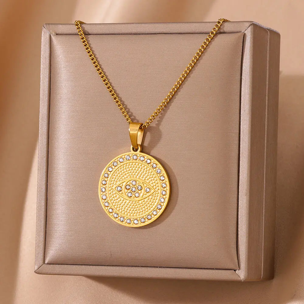 Zircon Evil Eye Pendant Necklaces For Women Gold Color Stainless Steel Round Evil Eye Necklace Wedding Fashion Jewelry Gift BFF