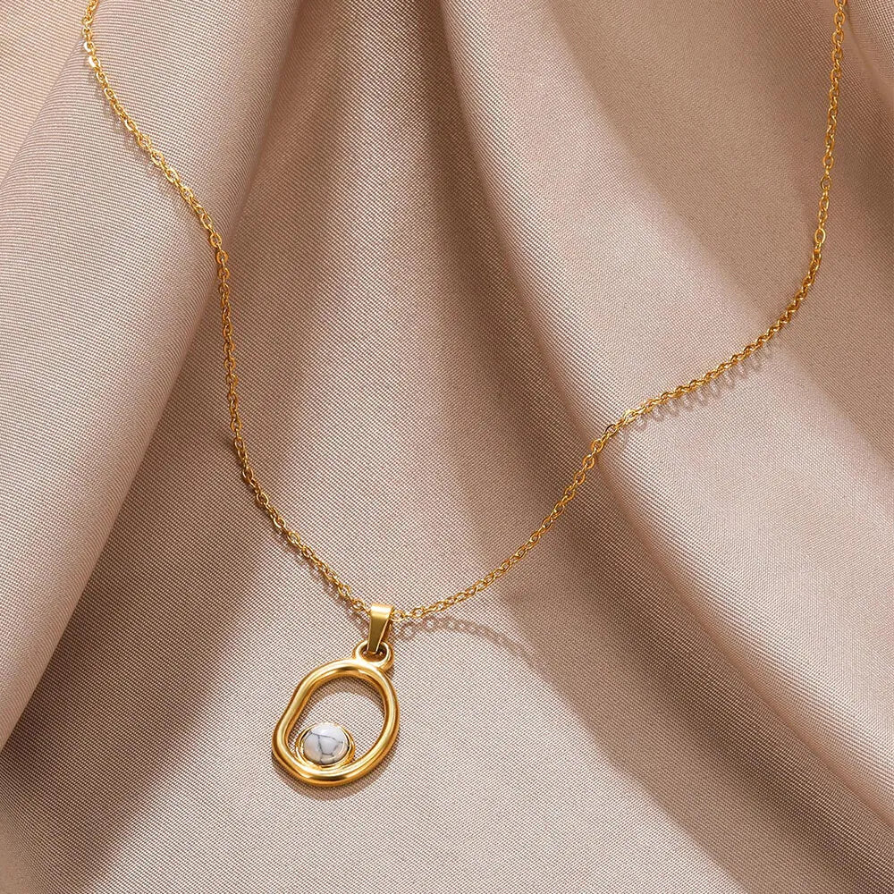 Stainless Steel Green Natural Stone Hollow Geometric Necklaces for Women Gold Color Wedding Choker Necklace Trendy Jewelry BFF