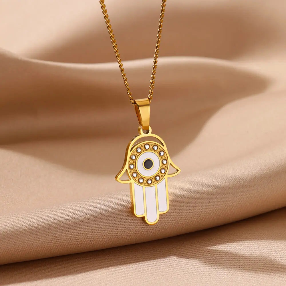 Stainless Steel Zircon White Palm Necklaces For Women Gold Color Stainless Steel Geometric Necklace Aesthetic Weeding Jewelry