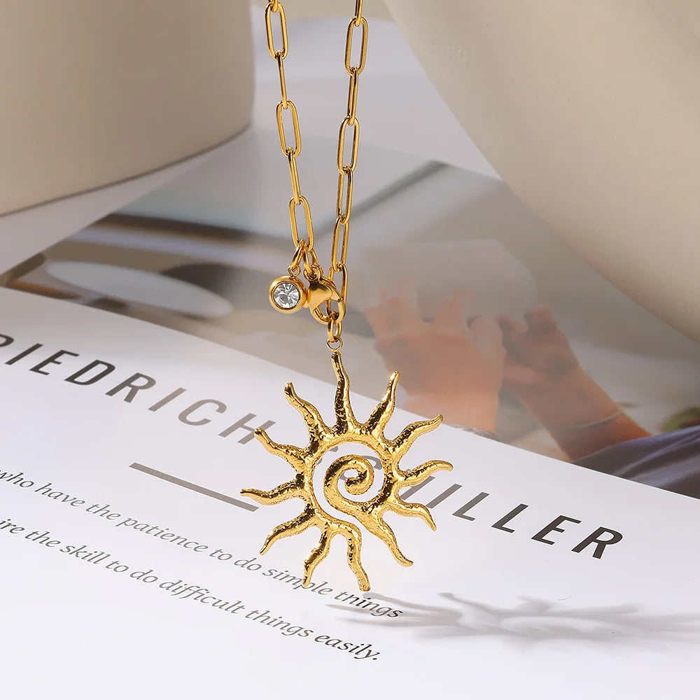 Zircon Sun Necklaces For Women Stainless Steel Gold Color Pin Chain Sun Pendant Necklace Aesthetic Wedding Jewelry Party Gifts
