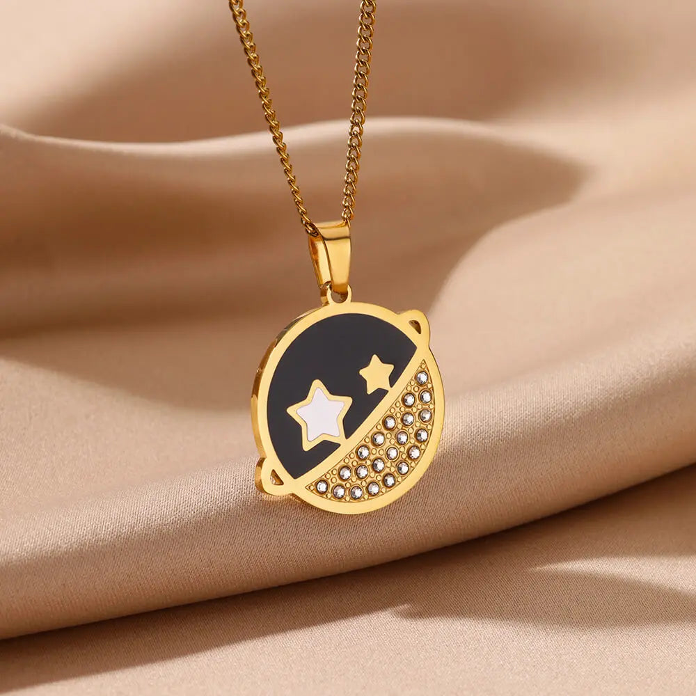 Zircon Black Planet Necklaces For Women Gold Color Stainless Steel Planet Pendant  Necklace Aesthetic Weeding Jewelry Gift