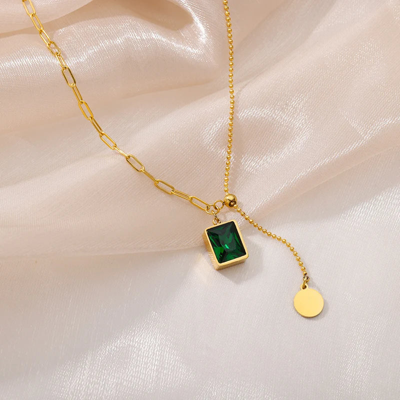 Multi-layer Green Square Pendant Necklaces For Women Stainless Steel Gold Plated Splicing Chain Choker Wedding Jewerly Gift BFF