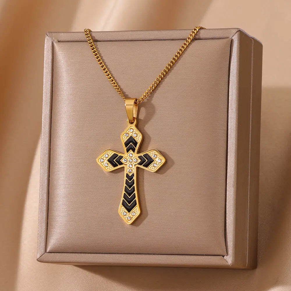 Fashion Zircon Stainless Steel Black Cross Necklaces For Women Gold Color Cross Necklace Party Aesthetic Jewelry Femme Gift 2024