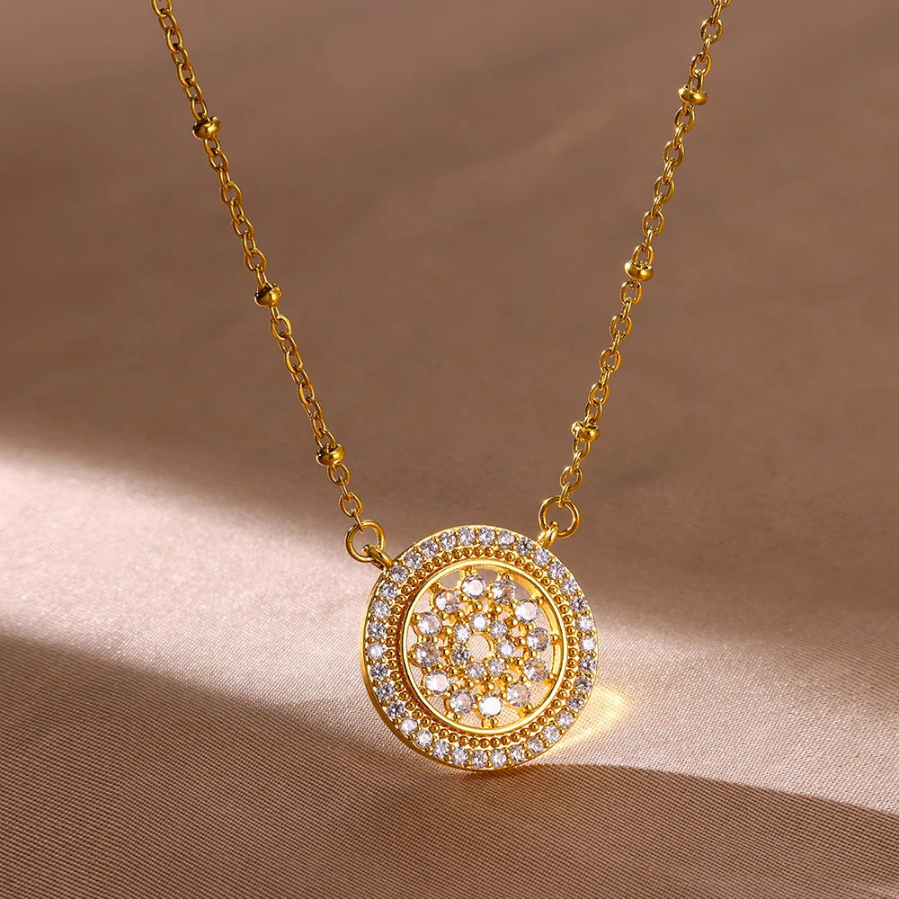 Stainless Steel Zircon Flower Round Pendant Necklaces for Women Gold Color Aesthetic Wedding Necklace Trendy Christmas Gift BFF