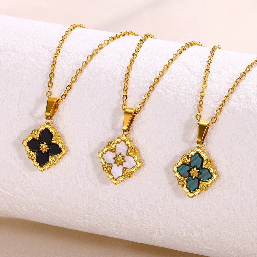 Luck Clover Pendant Necklaces For Women Gold Color Chain Stainless Steel Square Moon CrossNecklace Christmas Jewelry Gift