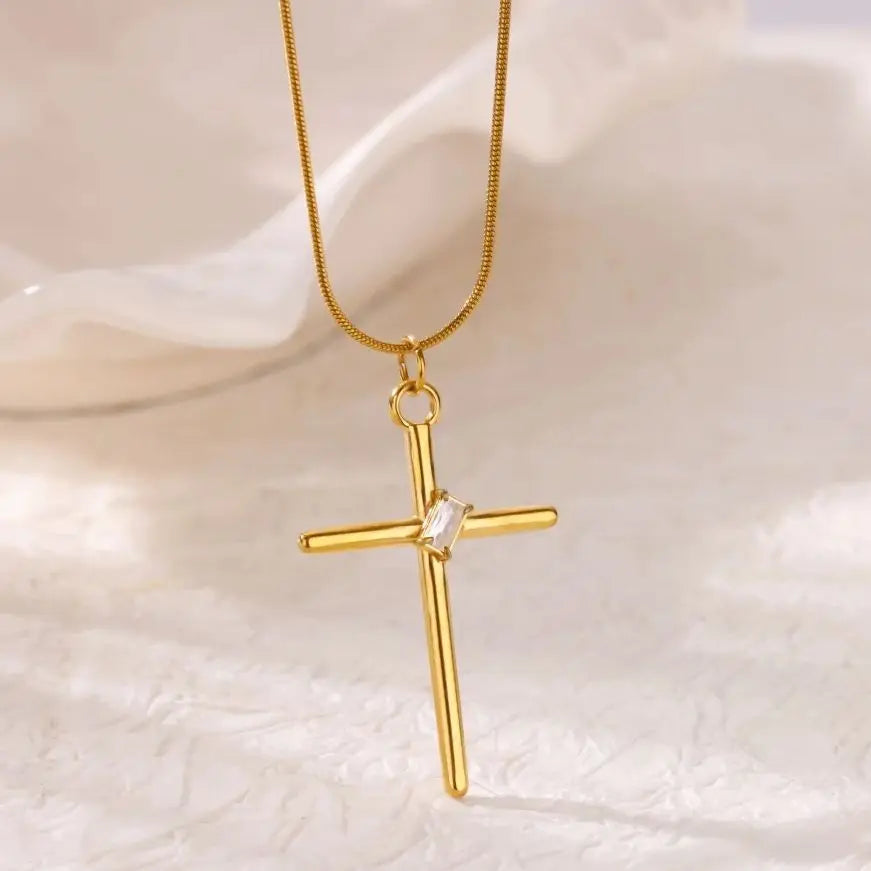 New Stainless Steel Zircon Cross Pendant Necklace for Men Women Minimalist Gold Color Jewelry Male Female Necklaces Chokers Gift