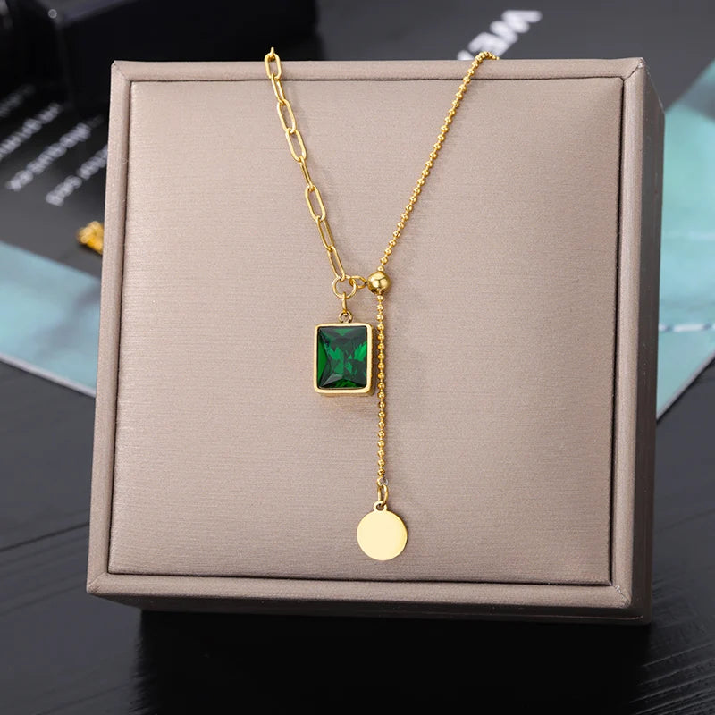 Multi-layer Green Square Pendant Necklaces For Women Stainless Steel Gold Plated Splicing Chain Choker Wedding Jewerly Gift BFF
