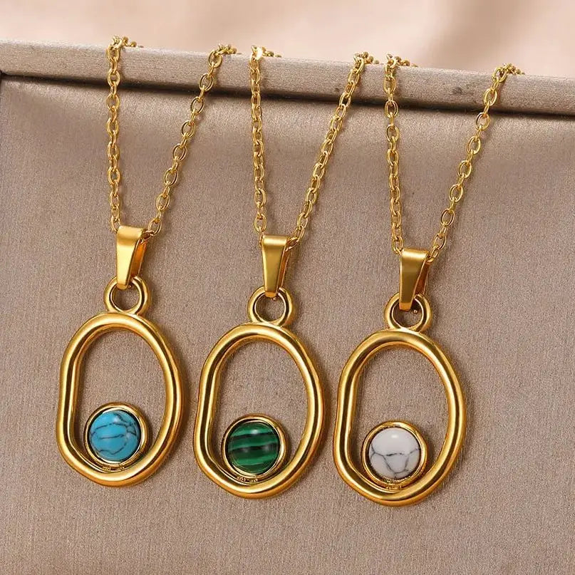 Stainless Steel Green Natural Stone Hollow Geometric Necklaces for Women Gold Color Wedding Choker Necklace Trendy Jewelry BFF